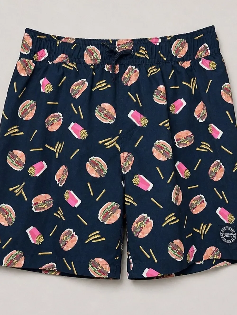 Abercrombie Kids Navy Blue Burger and Fries print swim performance casual shorts